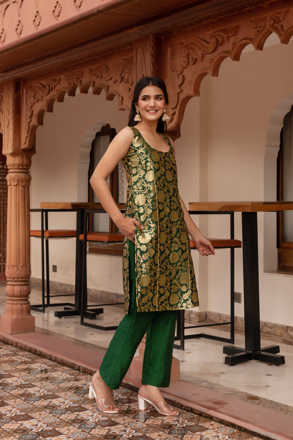 Green Jacquard Straight Suit Set