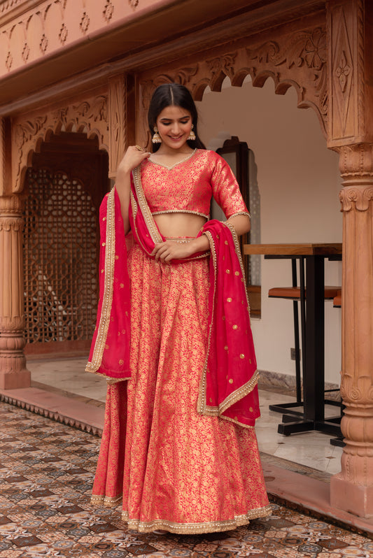 Carrot Pink Jacquard Embroidered Lehenga Set