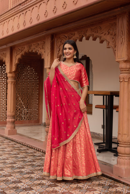 Carrot Pink Jacquard Embroidered Lehenga Set