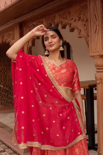 Carrot Pink Jacquard Embroidered Lehenga Set