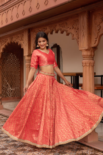 Carrot Pink Jacquard Embroidered Lehenga Set