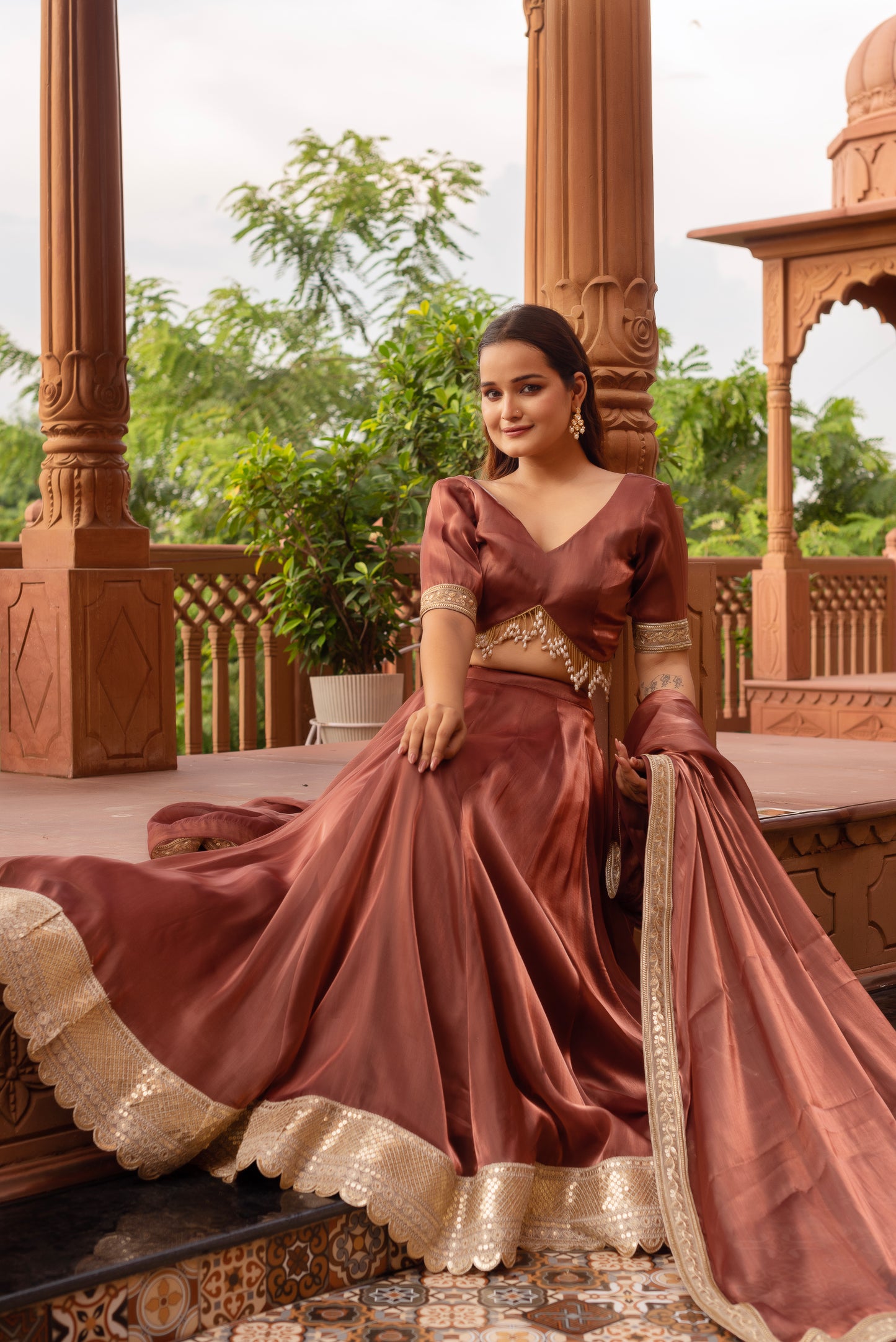 Rosegold Organza Embroidered And Sequined Lehenga Set