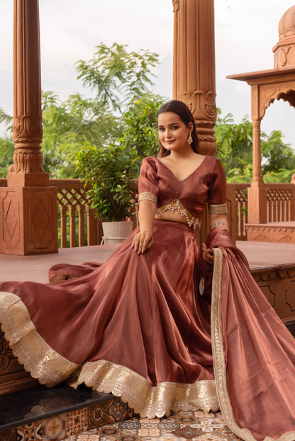 Rosegold Organza Embroidered And Sequined Lehenga Set