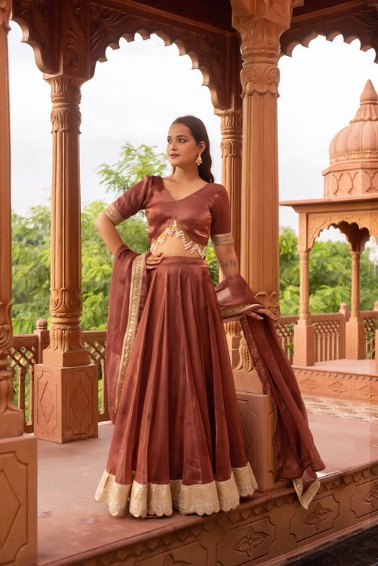 Rosegold Organza Embroidered And Sequined Lehenga Set