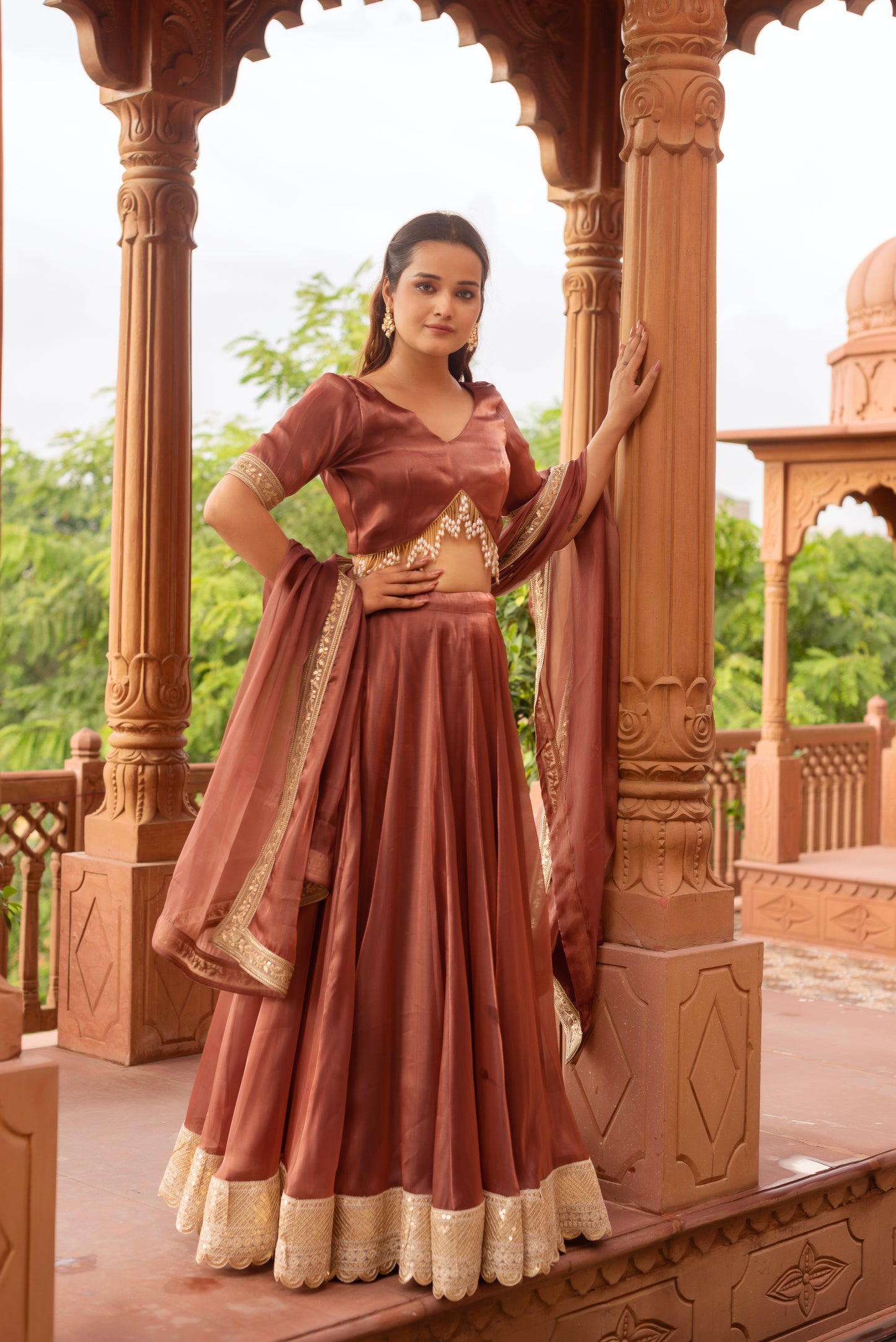 Rosegold Organza Embroidered And Sequined Lehenga Set