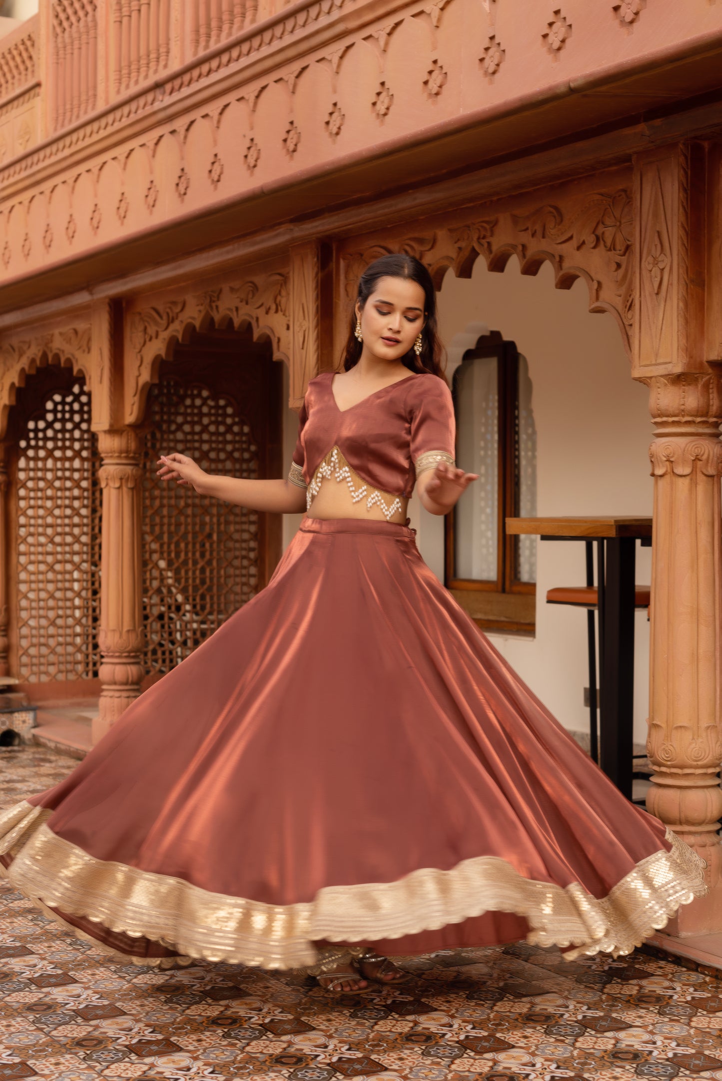Rosegold Organza Embroidered And Sequined Lehenga Set