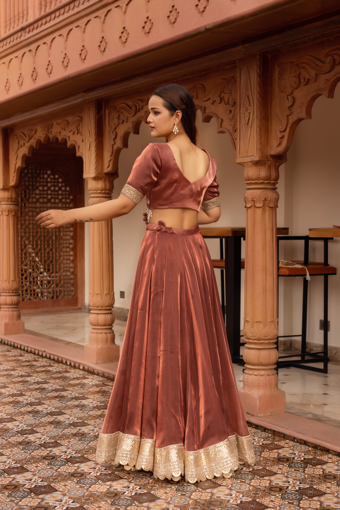 Rosegold Organza Embroidered And Sequined Lehenga Set