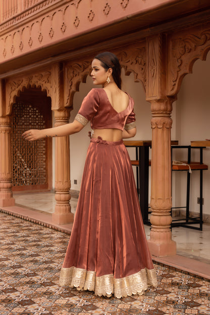 Rosegold Organza Embroidered And Sequined Lehenga Set