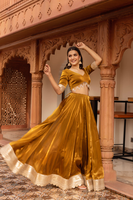 Gold Organza Embroidered And Sequined Lehenga Set