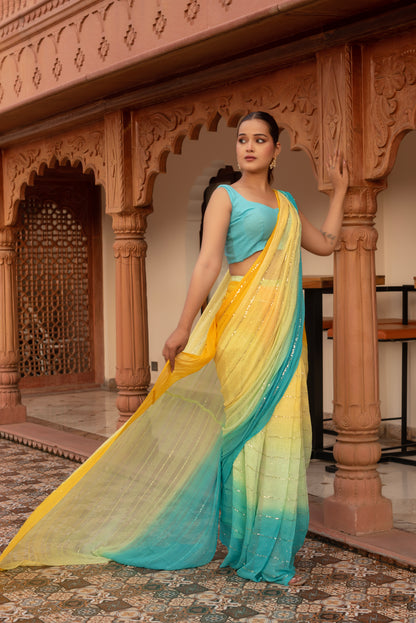 Shiny Yellow Sequined Georgette Pre-draped Saree