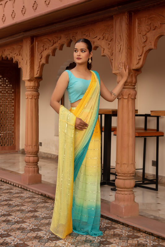 Shiny Yellow Sequined Georgette Pre-draped Saree