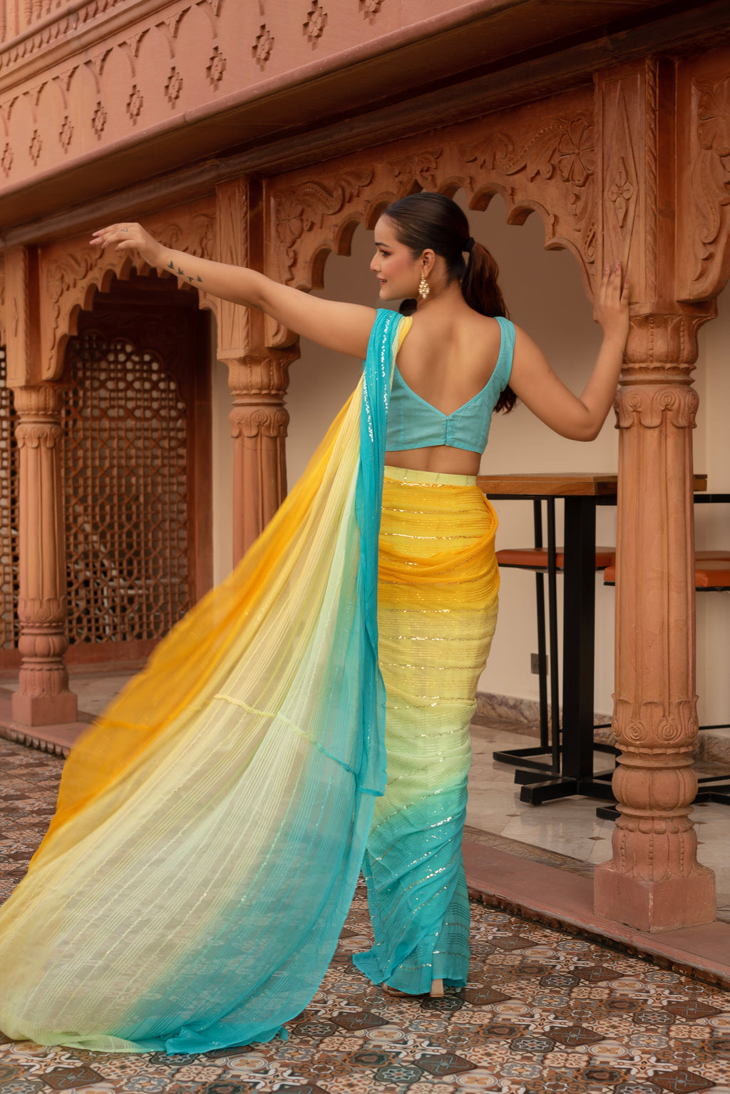 Shiny Yellow Sequined Georgette Pre-draped Saree