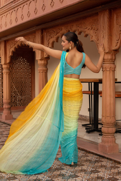 Shiny Yellow Sequined Georgette Pre-draped Saree