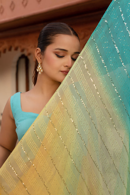 Shiny Yellow Sequined Georgette Pre-draped Saree