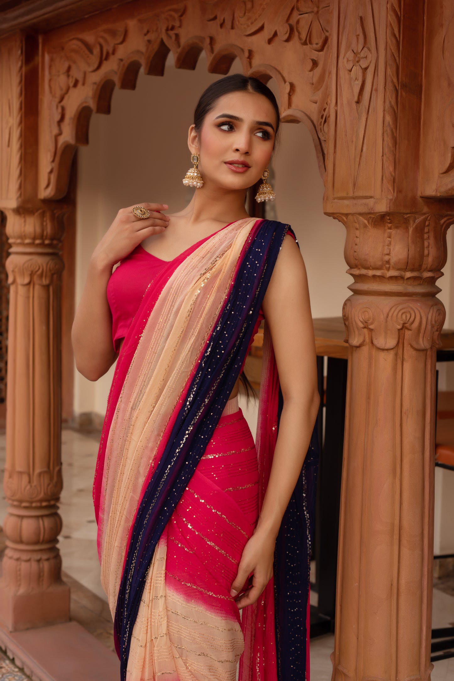 Alia Pink Sequined Georgette Pre-draped Saree