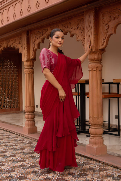 Rani Sequined Georgette Organza Pre-draped Saree