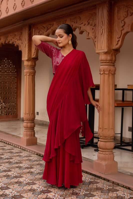 Rani Sequined Georgette Organza Pre-draped Saree