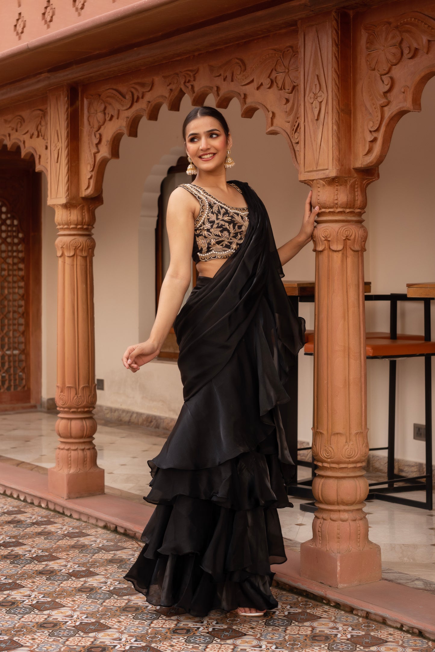 Black Handwork Organza Pre-draped Saree