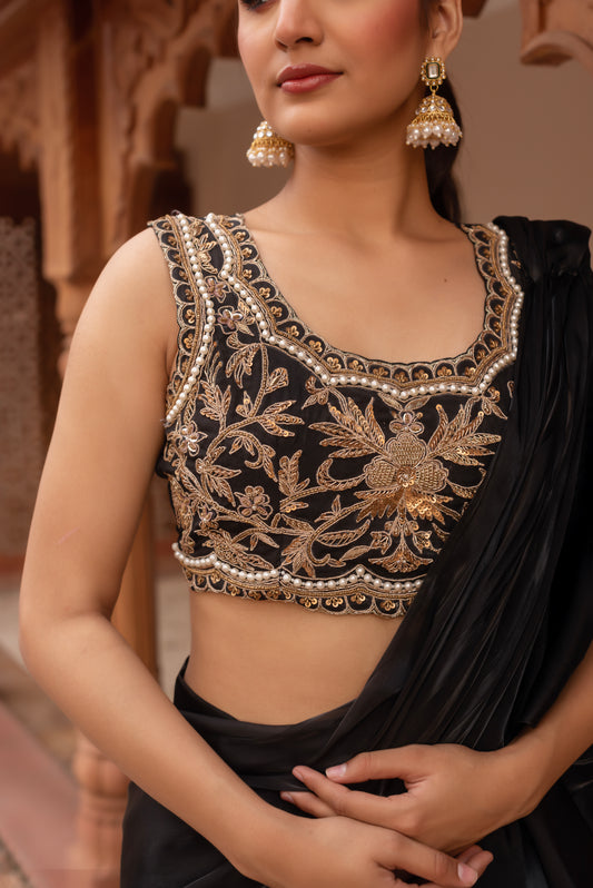 Black Handwork Organza Pre-draped Saree