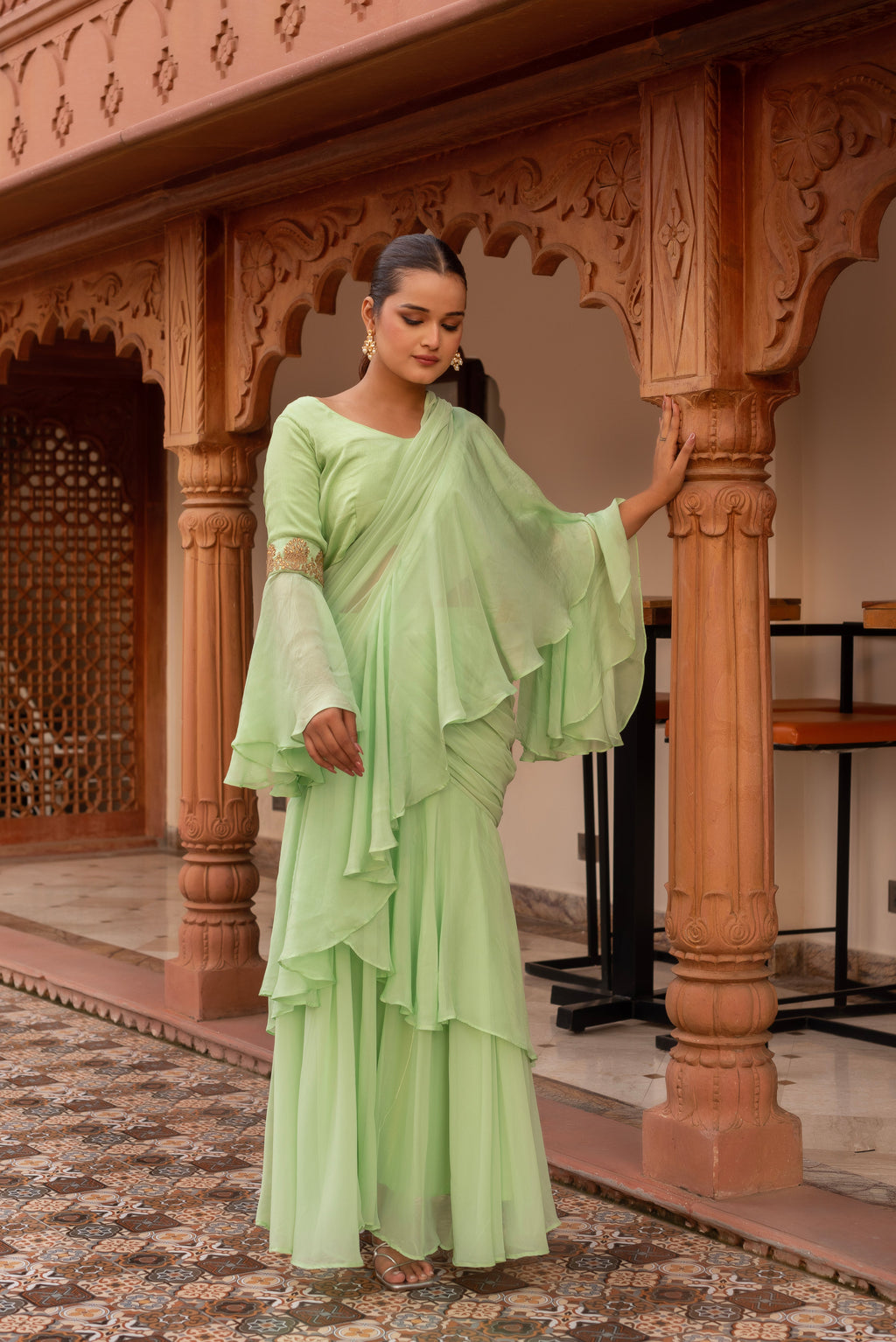 Elaichi Organza Georgette Pre-Draped Saree