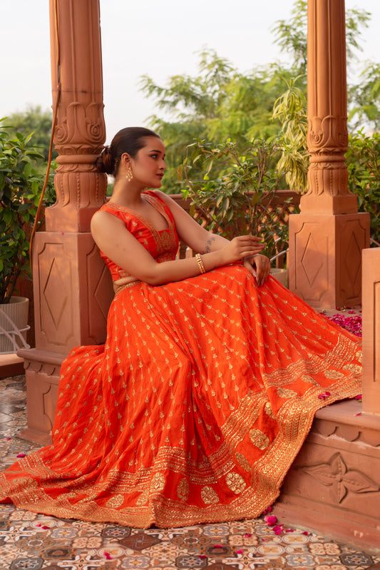 Orange Silk Embroidered And Sequined Lehenga Set