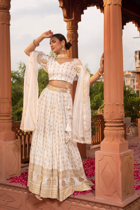 White Silk Embroidered And Sequined Lehenga Set