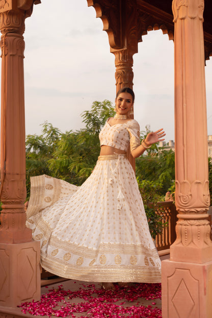 White Silk Embroidered And Sequined Lehenga Set