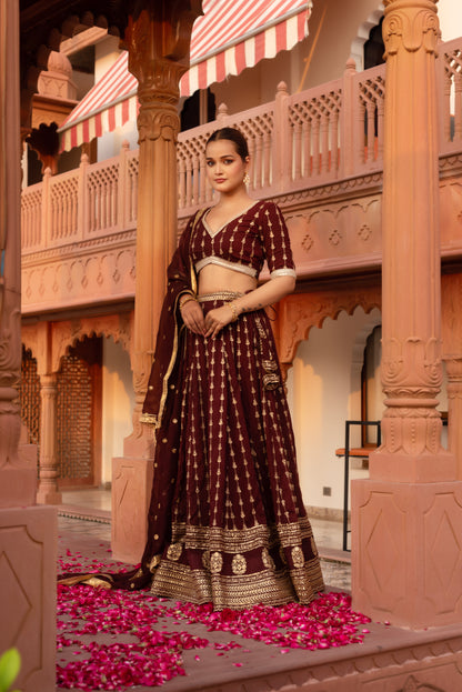Wine Silk Embroidered And Sequined Lehenga Set