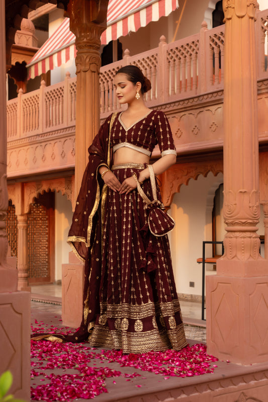 Wine Silk Embroidered And Sequined Lehenga Set
