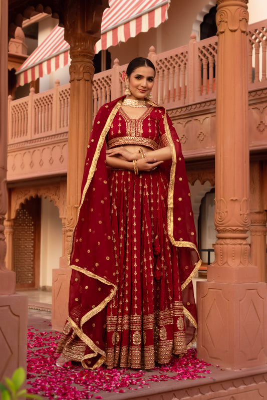 Maroon Silk Embroidered And Sequined Lehenga Set