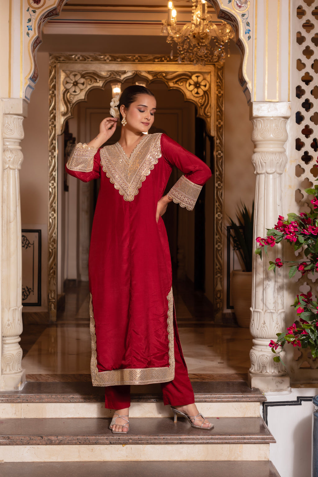 Maroon Silk Sequined Kurta Set