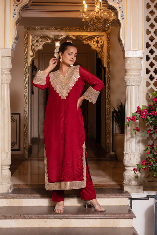 Maroon Silk Sequined Kurta Set