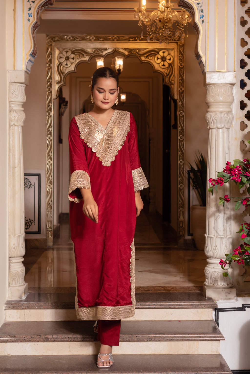 Maroon Silk Sequined Kurta Set