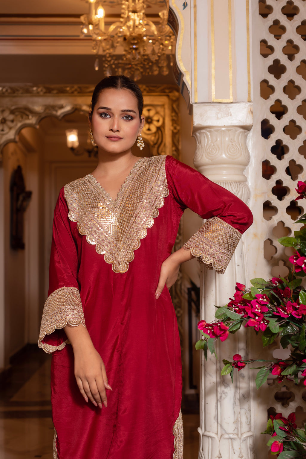 Maroon Silk Sequined Kurta Set