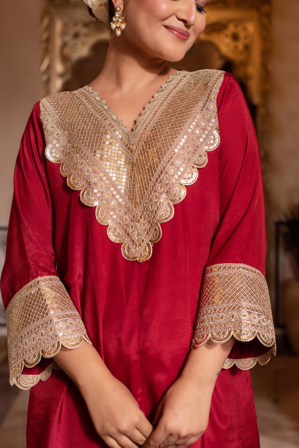 Maroon Silk Sequined Kurta Set