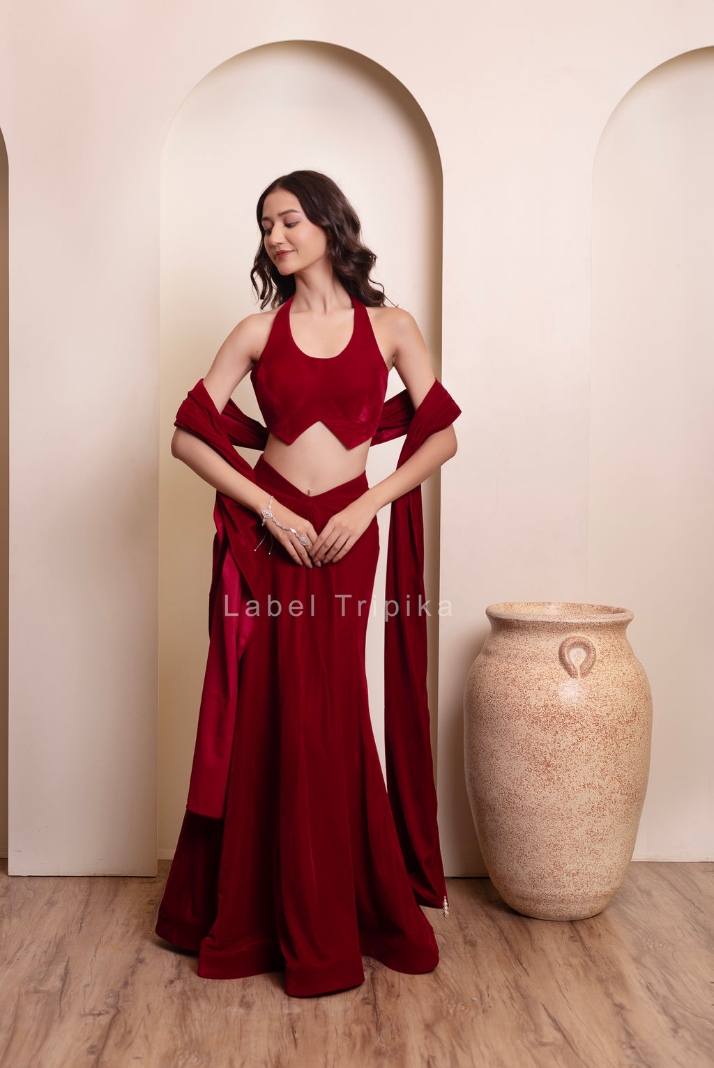 Maroon Burgundy Velvet Skirt Blouse Set