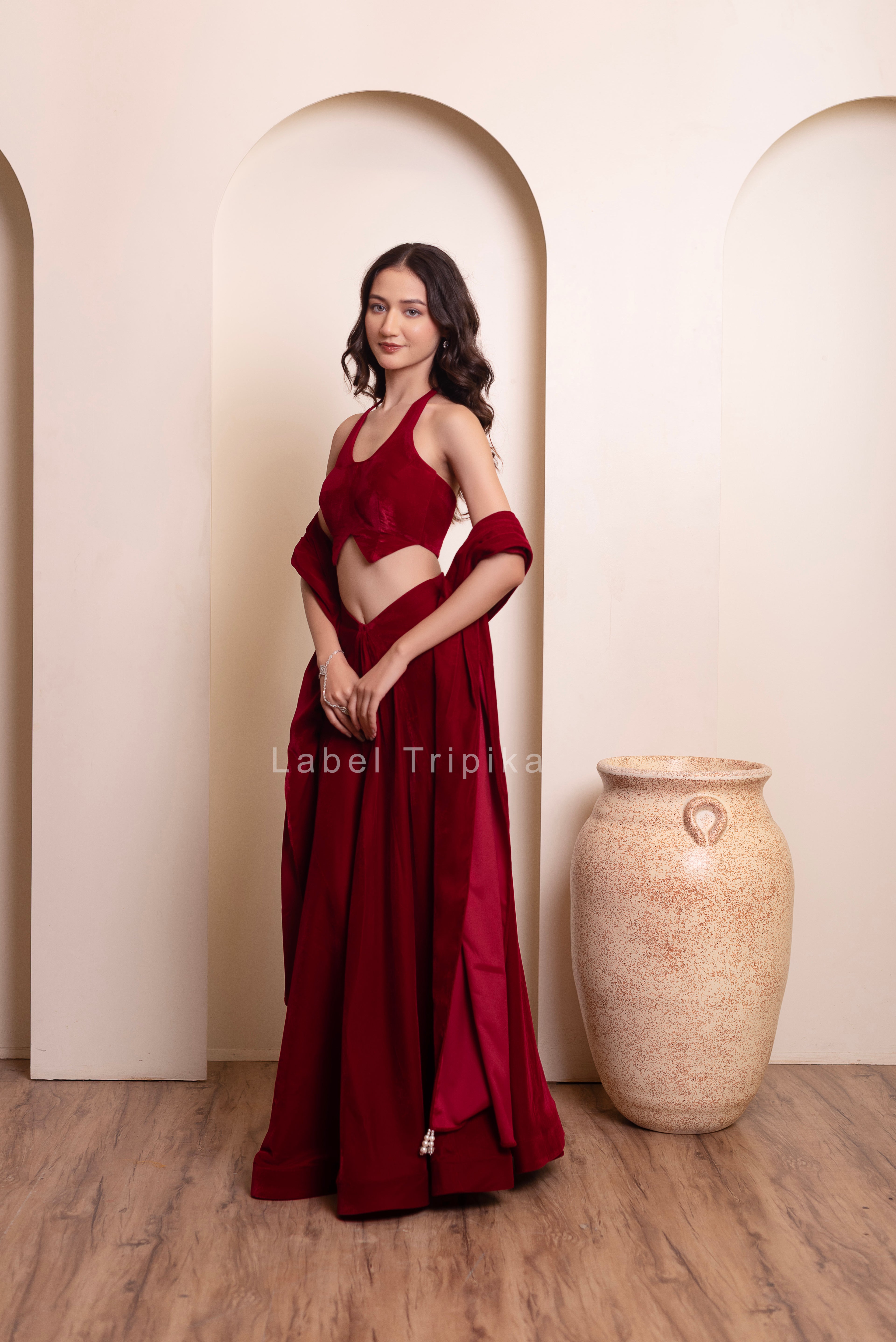 Maroon Burgundy Velvet Skirt Blouse Set