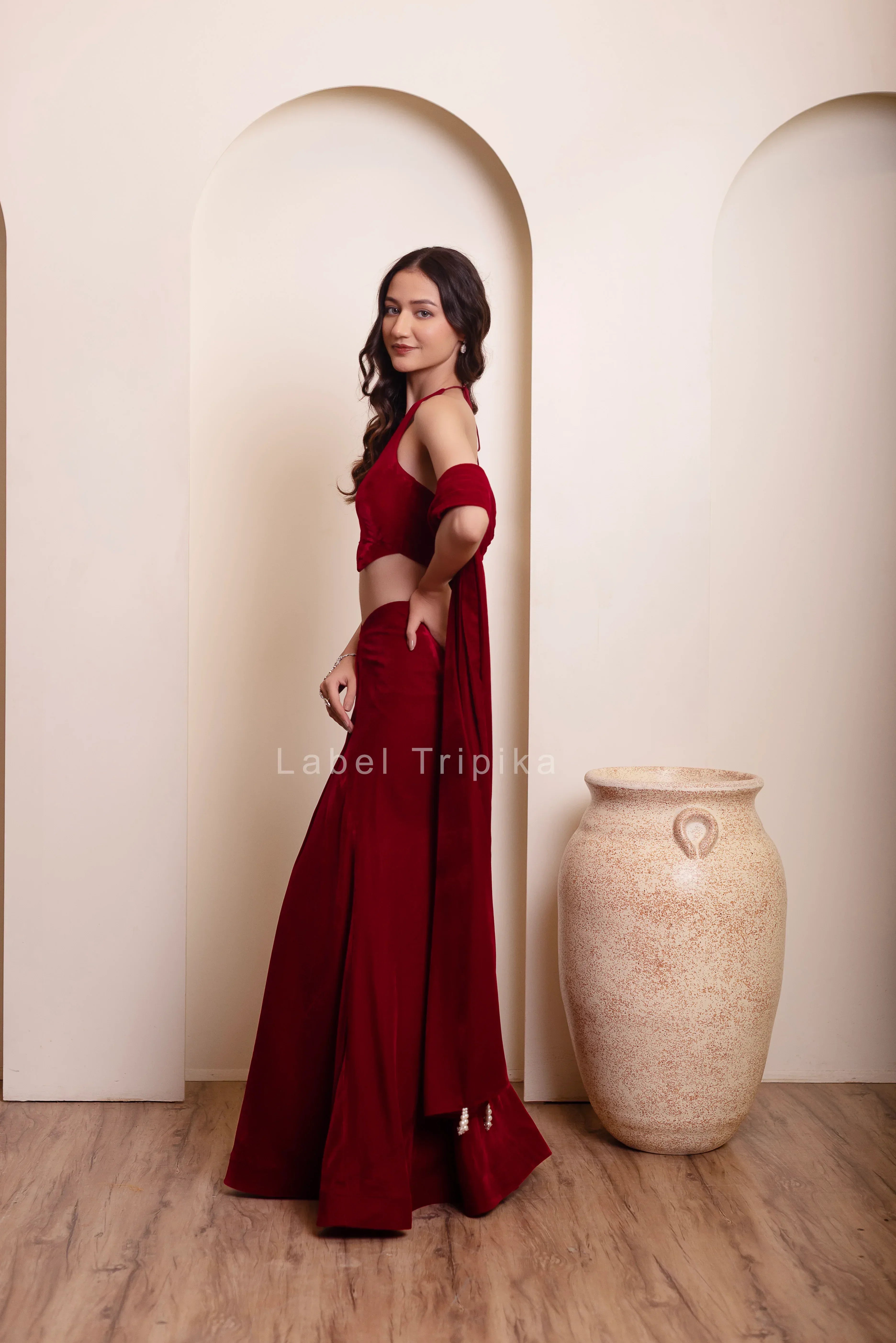 Maroon Burgundy Velvet Skirt Blouse Set – LabelTrpika