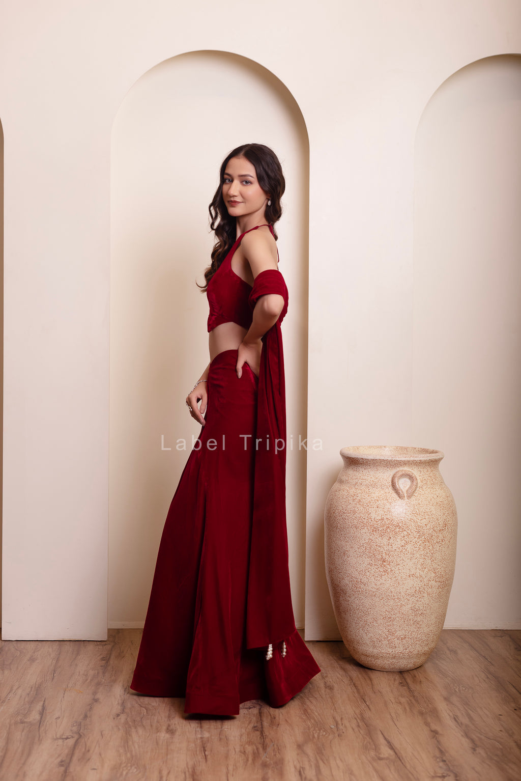 Maroon Burgundy Velvet Skirt Blouse Set