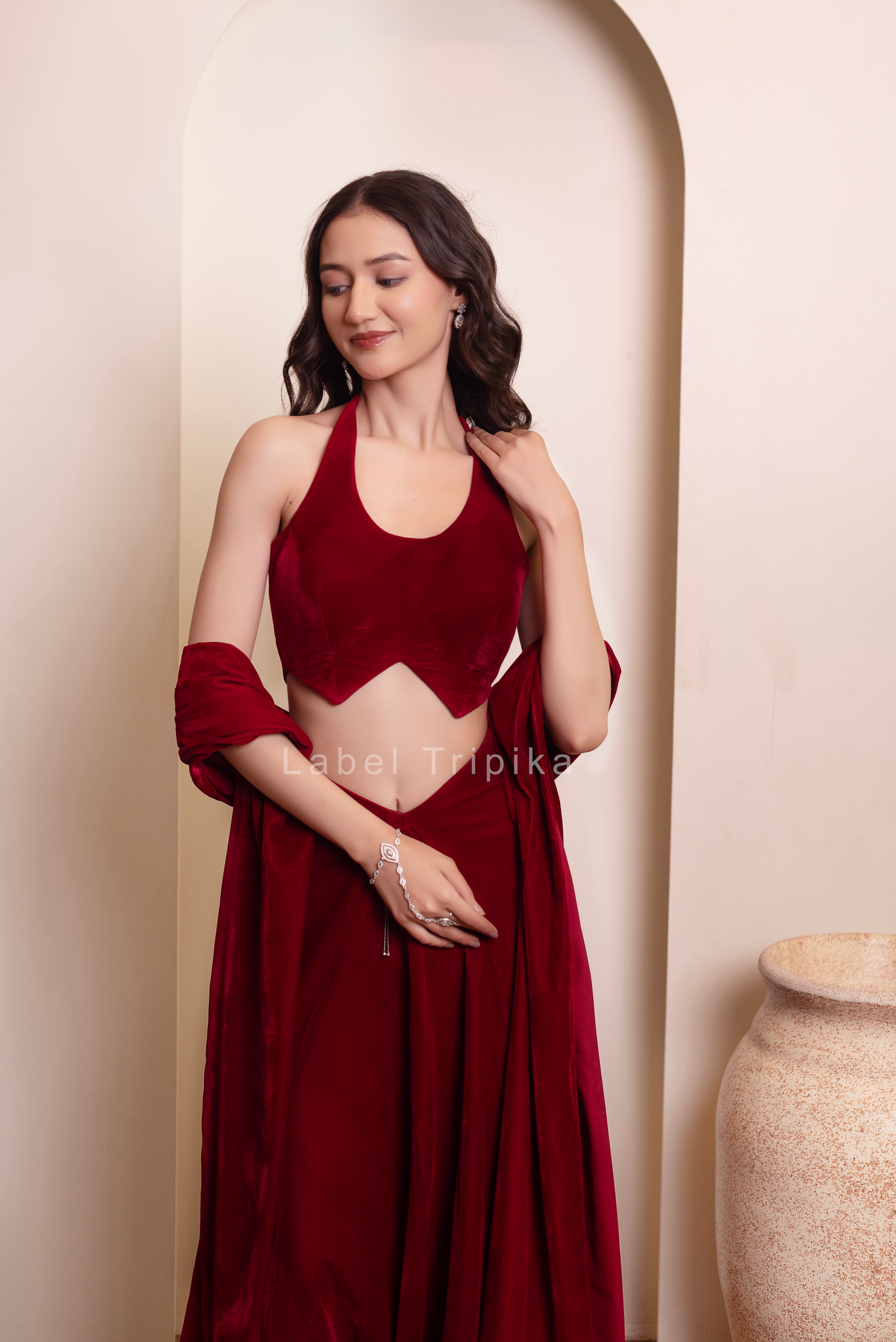 Maroon Burgundy Velvet Skirt Blouse Set