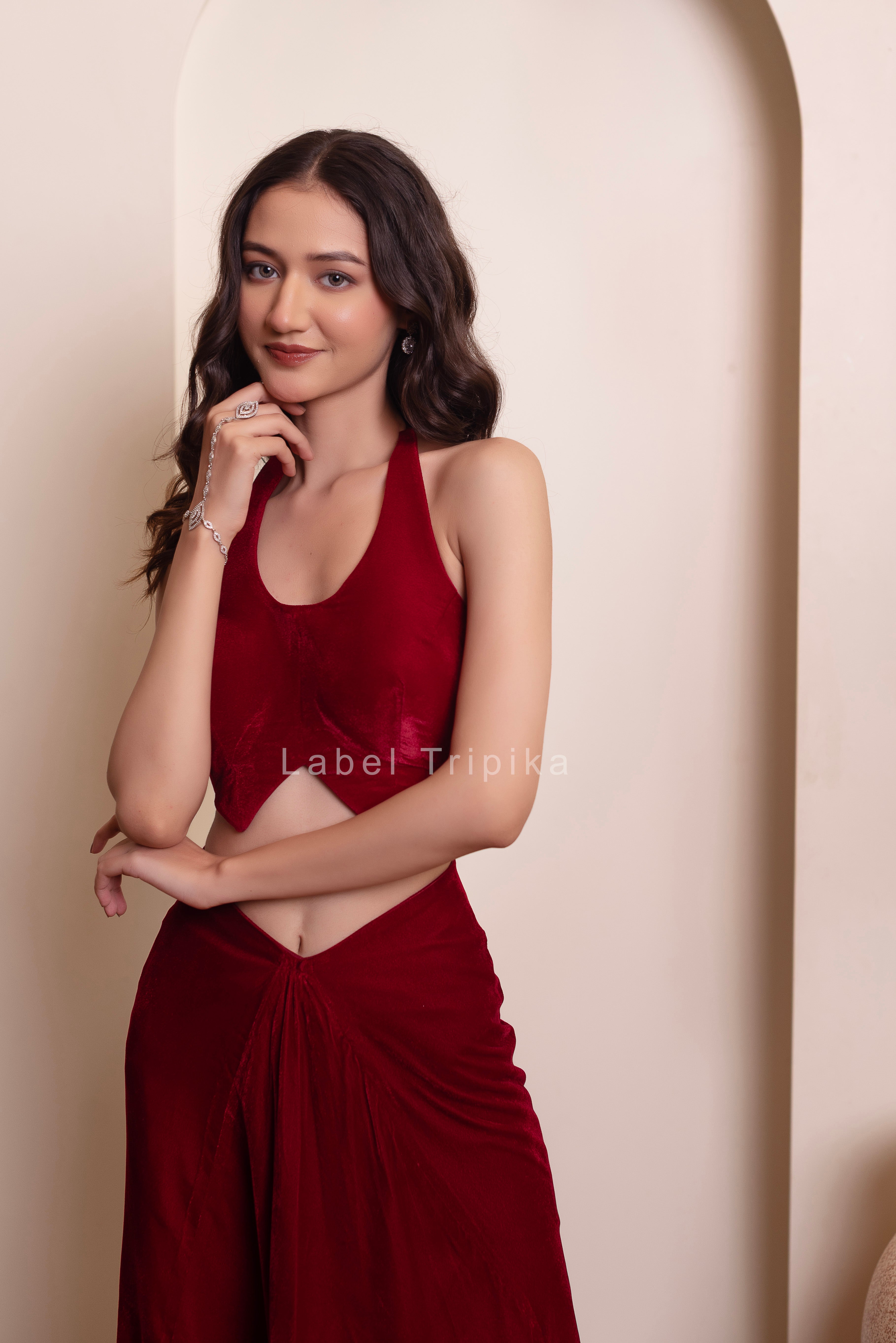 Maroon Burgundy Velvet Skirt Blouse Set