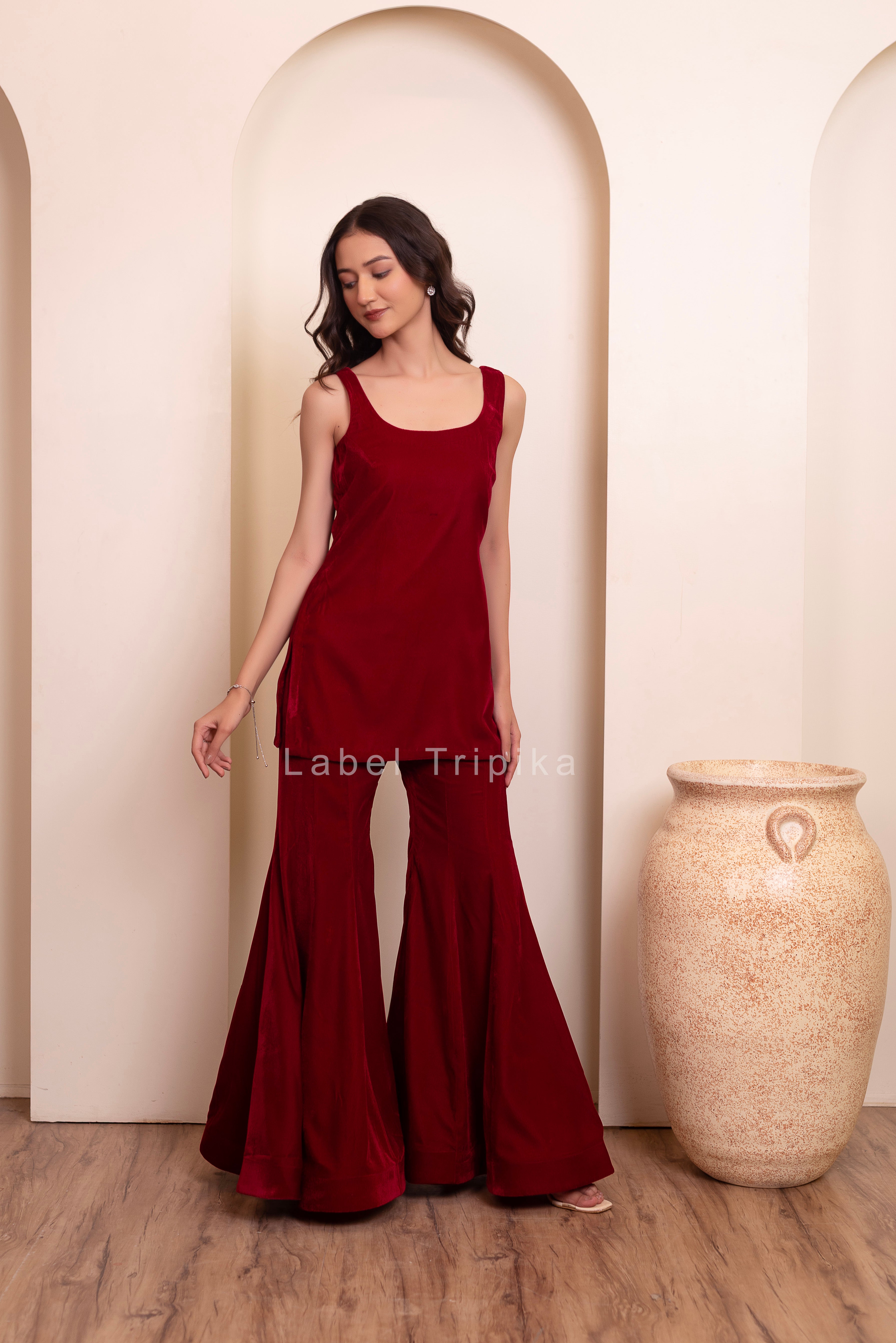 Maroon Burgundy Velvet Sharara Set