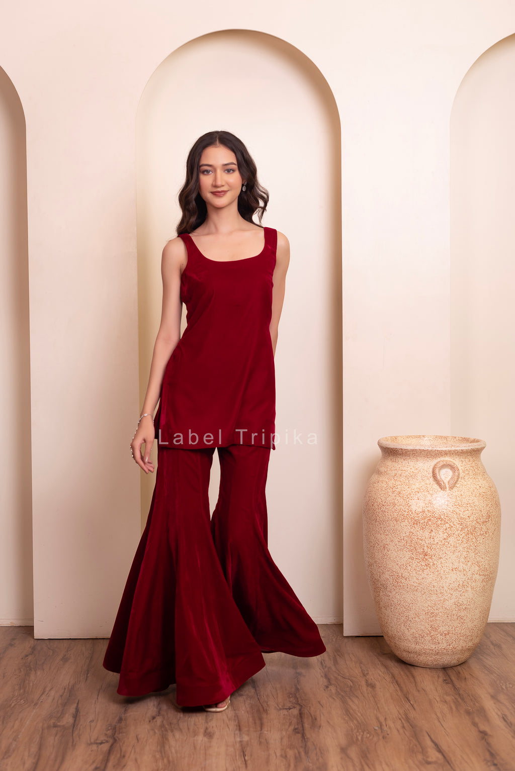 Maroon Burgundy Velvet Sharara Set