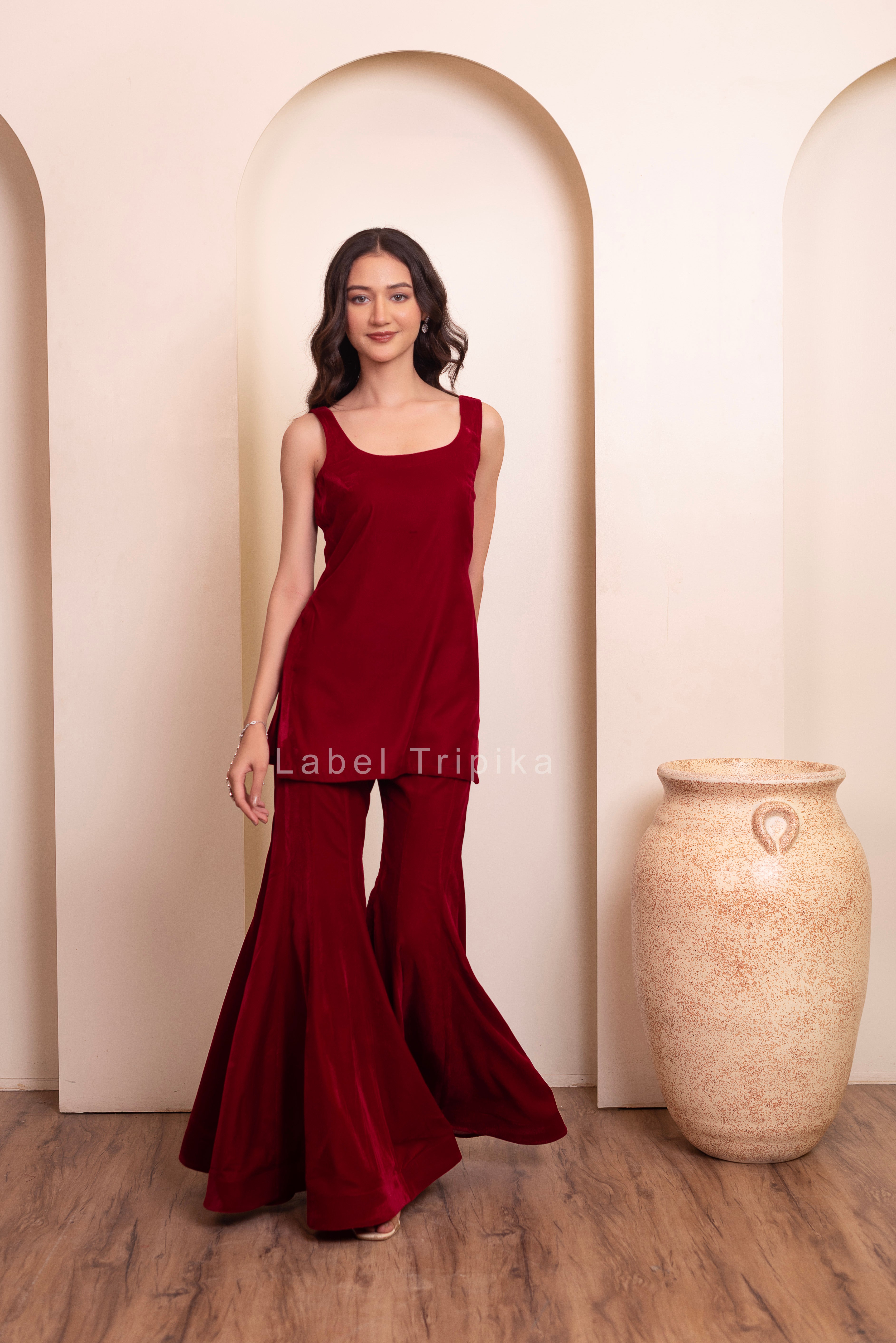 Maroon Burgundy Velvet Sharara Set