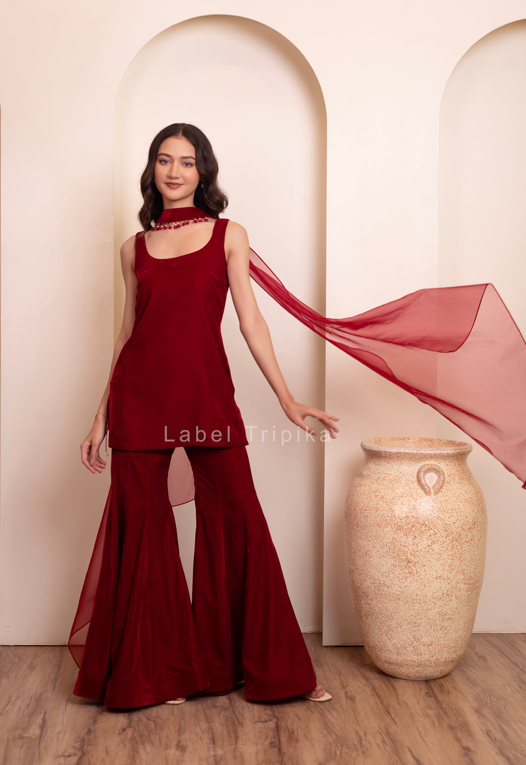 Maroon Burgundy Velvet Sharara Set