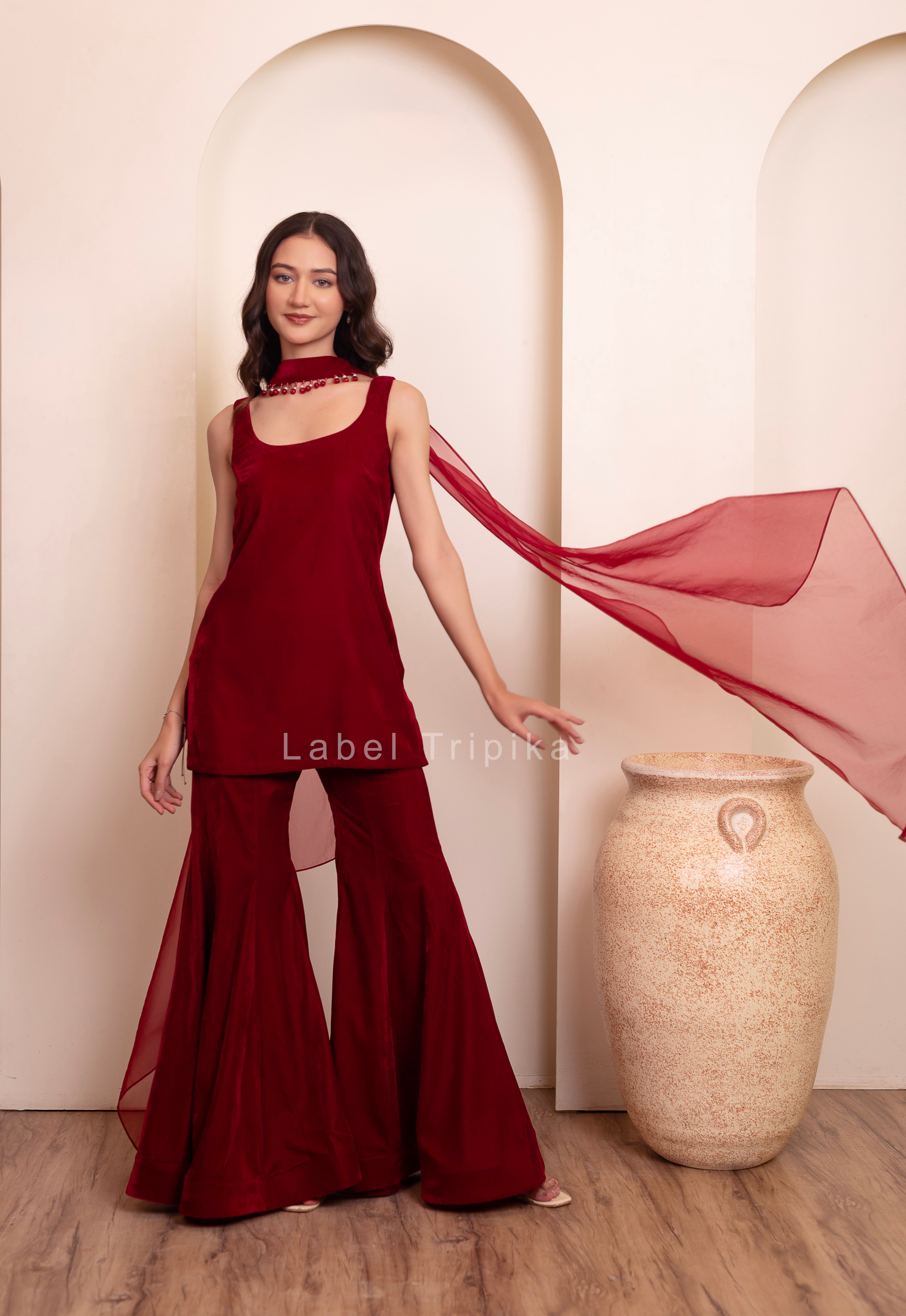Maroon Burgundy Velvet Sharara Set