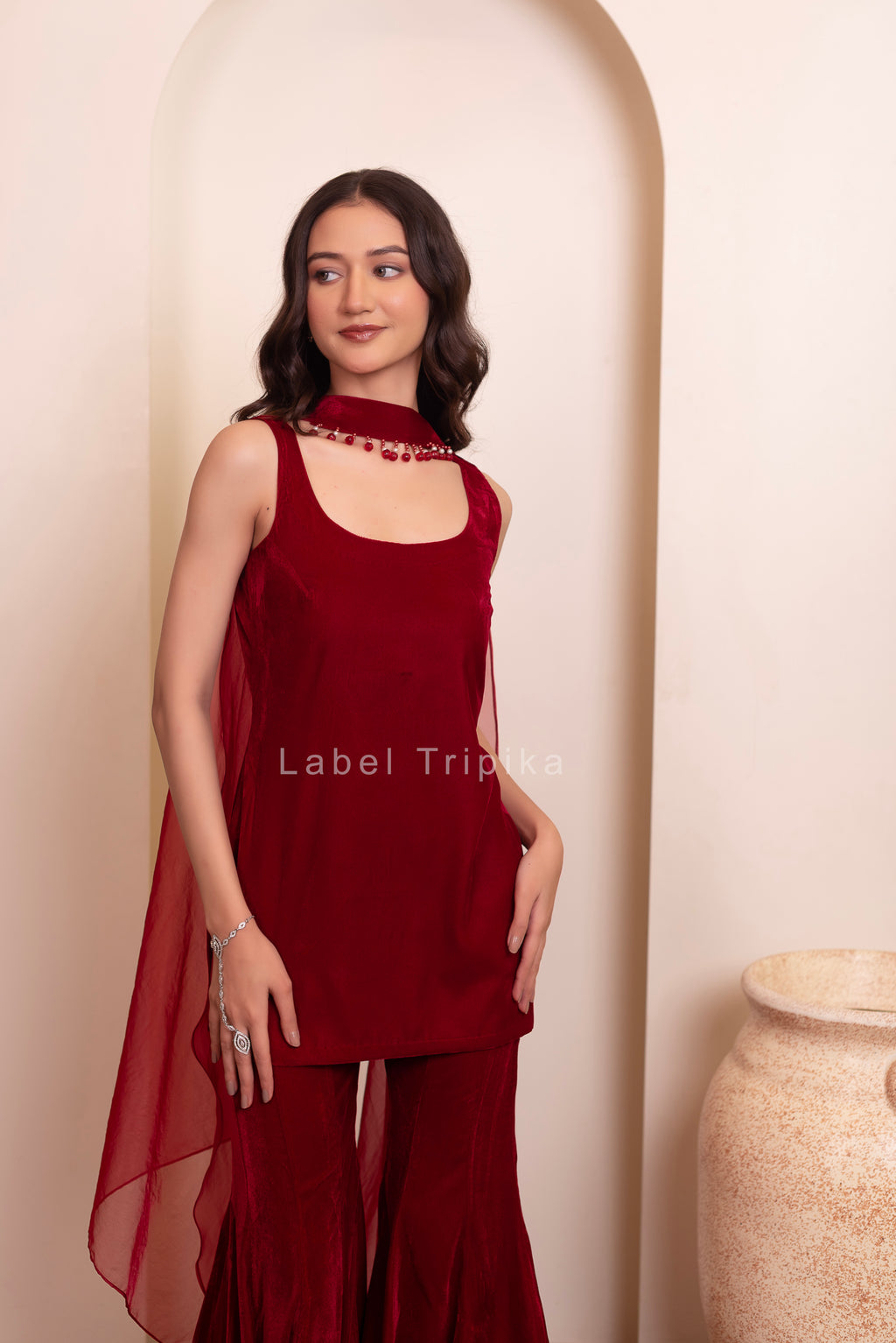 Maroon Burgundy Velvet Sharara Set