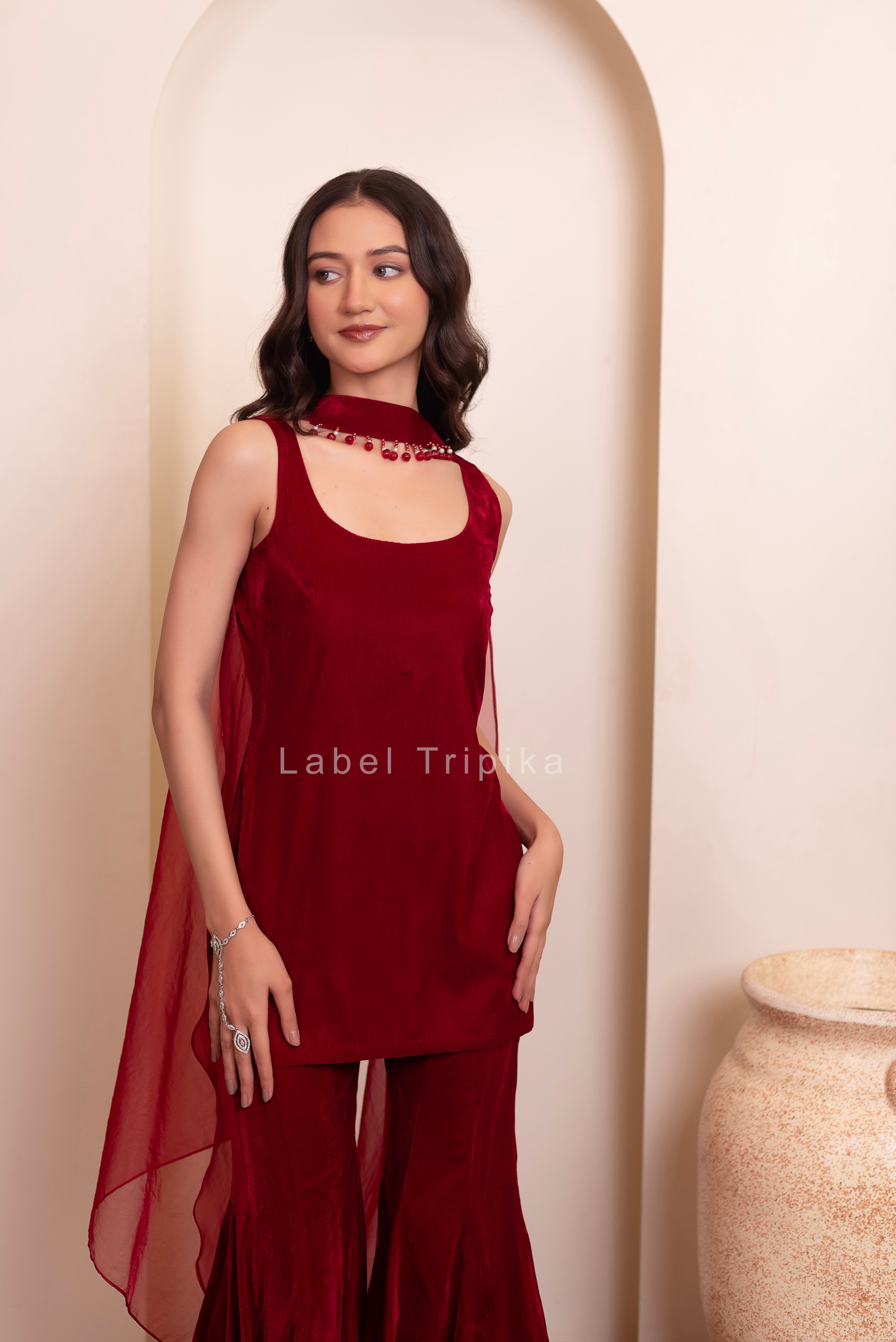 Maroon Burgundy Velvet Sharara Set