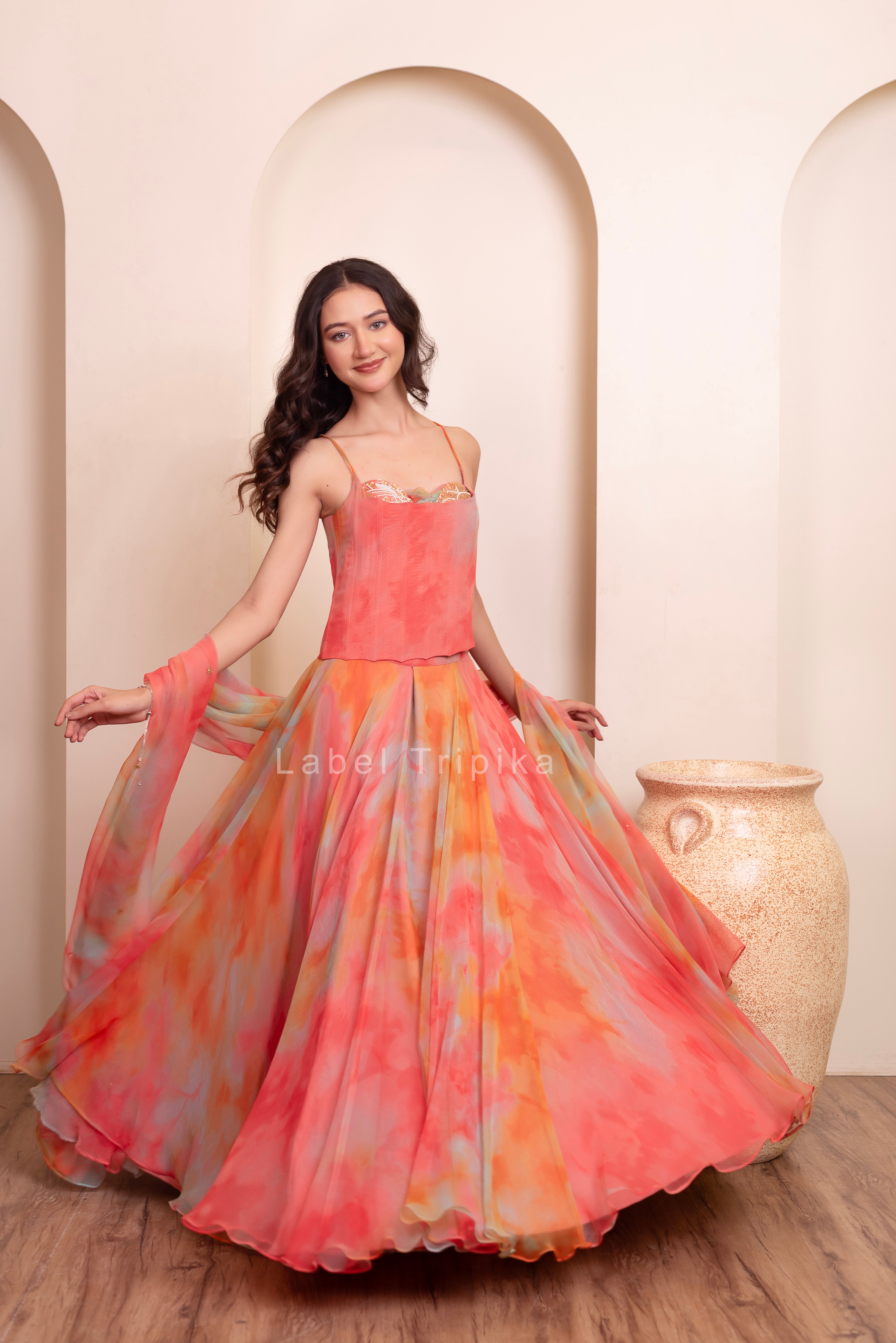 Rainbow Chiffon Handwork Coorset Skirt Set