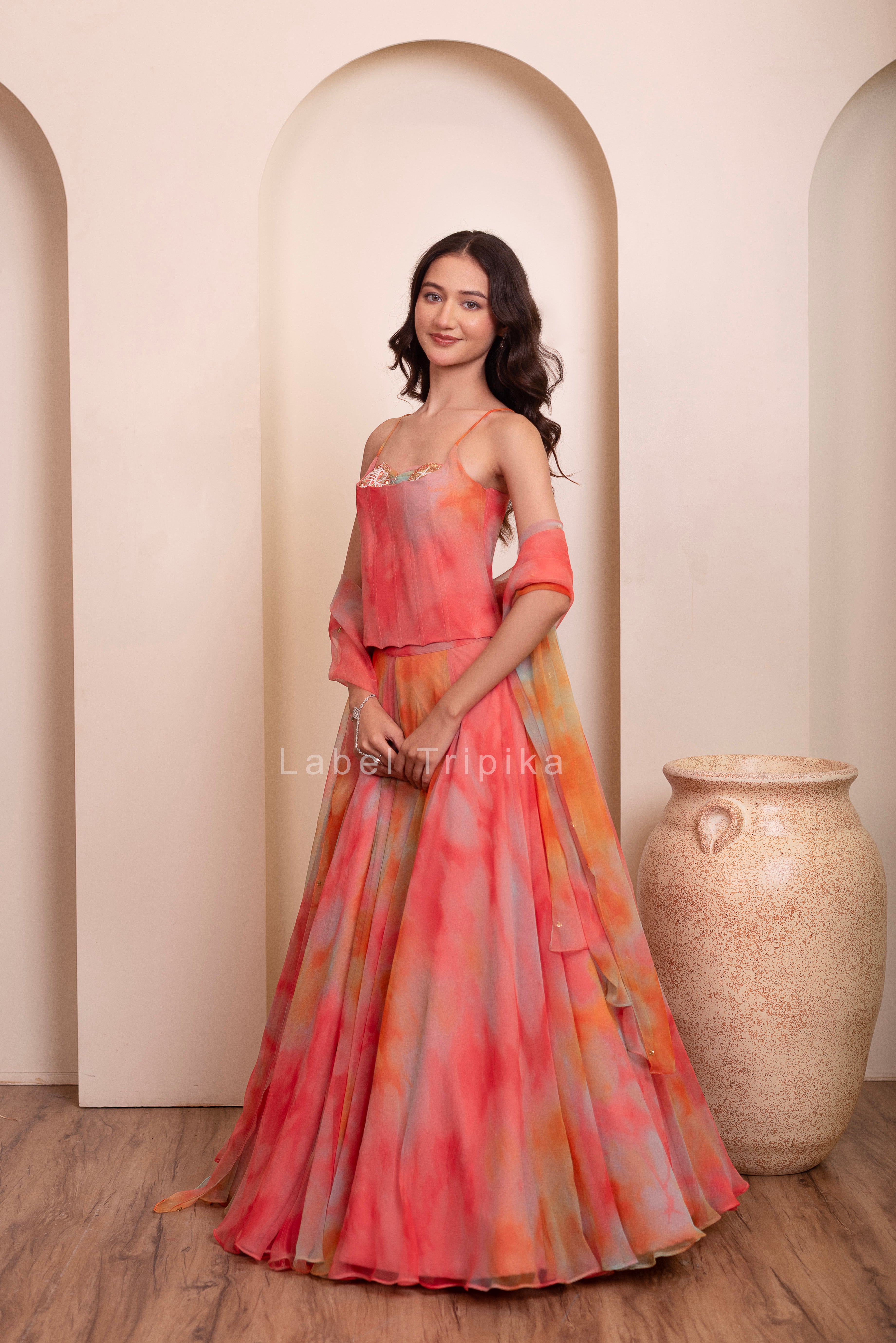 Rainbow Chiffon Handwork Coorset Skirt Set